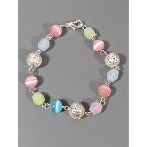 Boho Coastal Beachy Pastel‎ Glass Cats Eye Filigree Bead Bracelet 6.5"